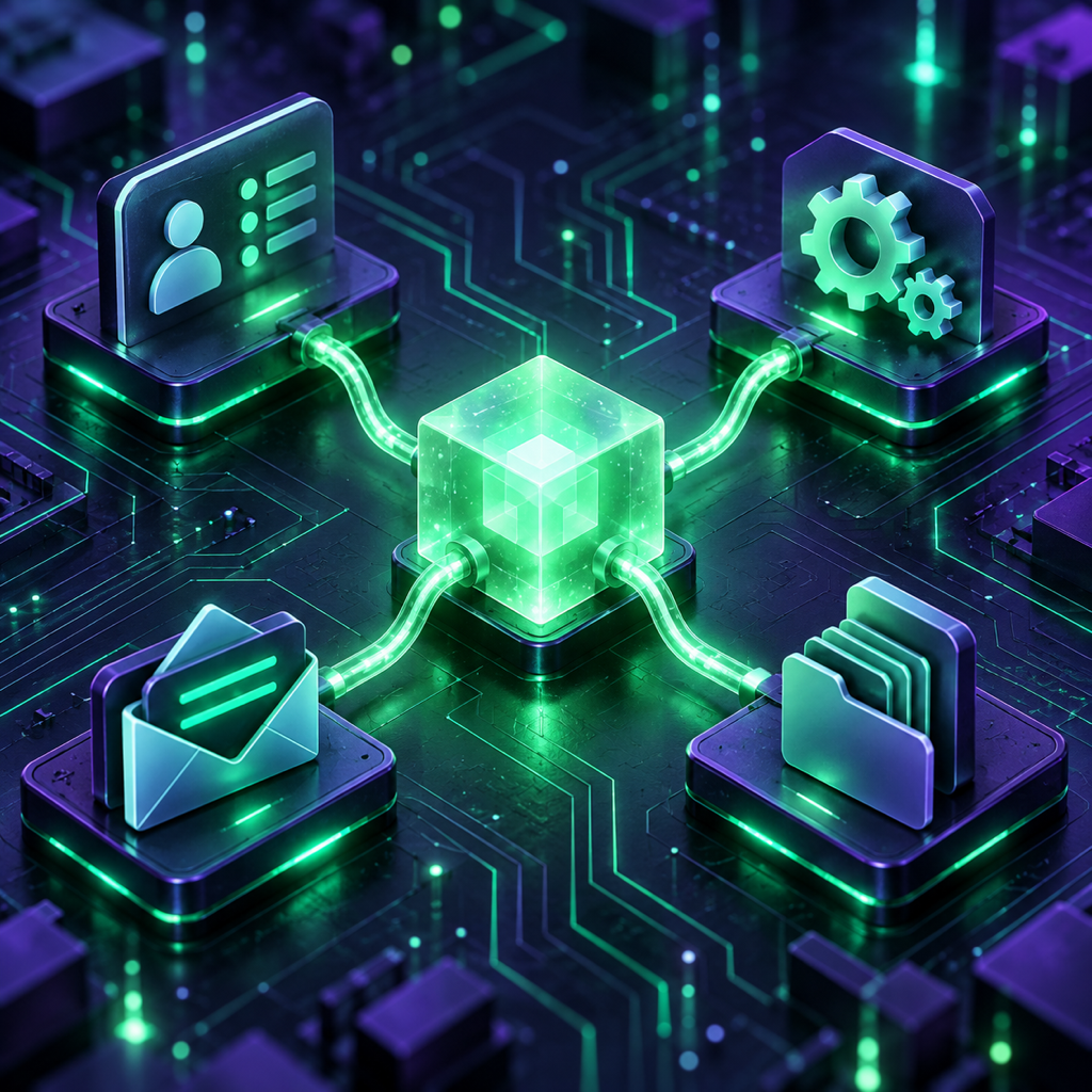 A central AI node connected to four business systems
