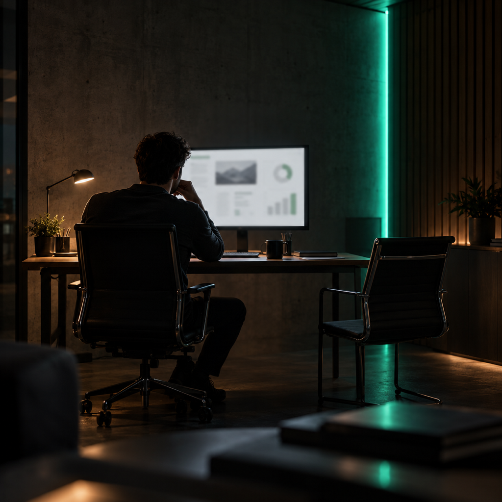 Founder going through an investor deck alone next to an empty chair