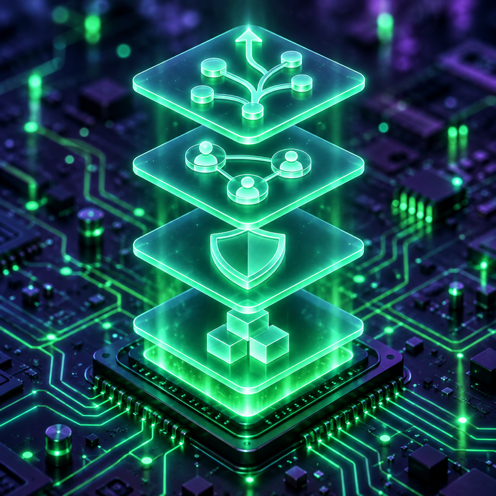Four glowing layers standing for architecture, security, team and roadmap