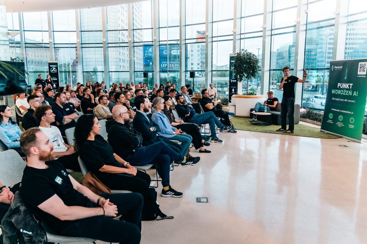 Talk on AI implementation to a full room at Pionierzy AI in the Rotunda, Warsaw